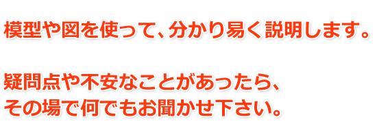 模型や図を使って、分かり易く説明します。疑問点や不安なことがあったら、その場で何でもお聞かせ下さい。