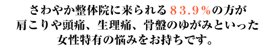 さわやか整体院に来られる８３．９％の方が
肩こりや頭痛、生理痛、骨盤のゆがみといった女性特有の悩みをお持ちです。